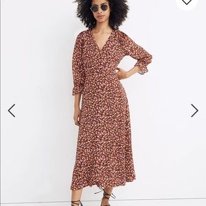 Long-Sleeve Crossover Midi Dress in Clipdot Spring Prairie